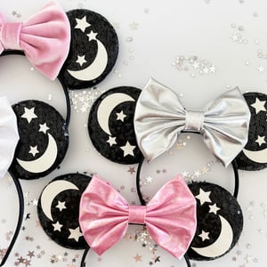 Image of Moon and Stars Mouse Ears with Pink, Silver and White Bows 