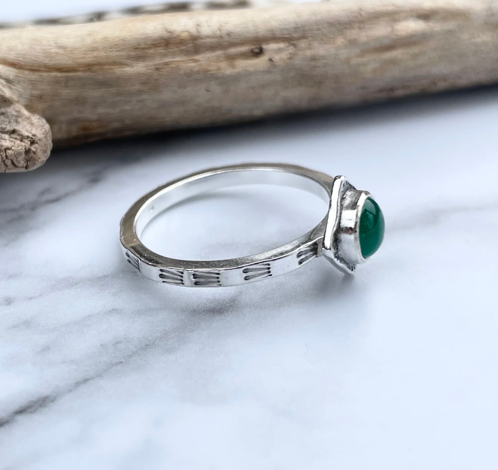 Handmade Sterling Silver Green Onyx Stamped Dainty Ring