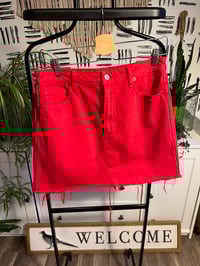 Image 1 of red Abercrombie and Fitch, then a mini distressed skirt