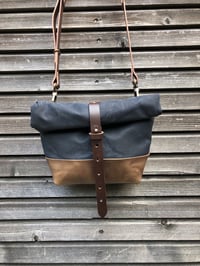 Image 2 of Satchel in black waxed canvas with leather base