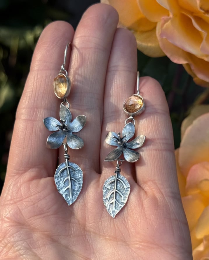 Image of Apple Blossom Flower and Leaf Statement Earrings