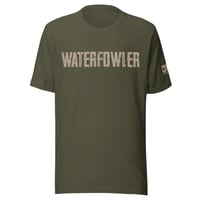 Image 3 of OWG - WATERFOWLER BEIGE - With Left Sleeve Brand Bella Canvas 3001 Unisex T-shirt