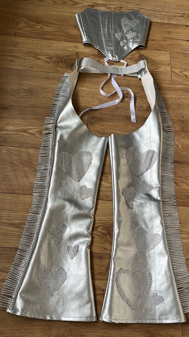 faux Leather heart embellished rhinestone trim chaps