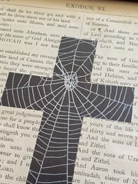 Image 2 of " 2 way Crucifix" 1800's bible page with preserved spider web 1