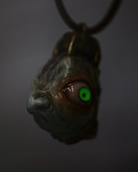 Image 3 of Egg of the King big eyes pendant, leather cord, brass hardware, OOAK,