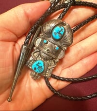 Image 2 of Native American Made Sterling Kachina Turquoise Bolo Tie