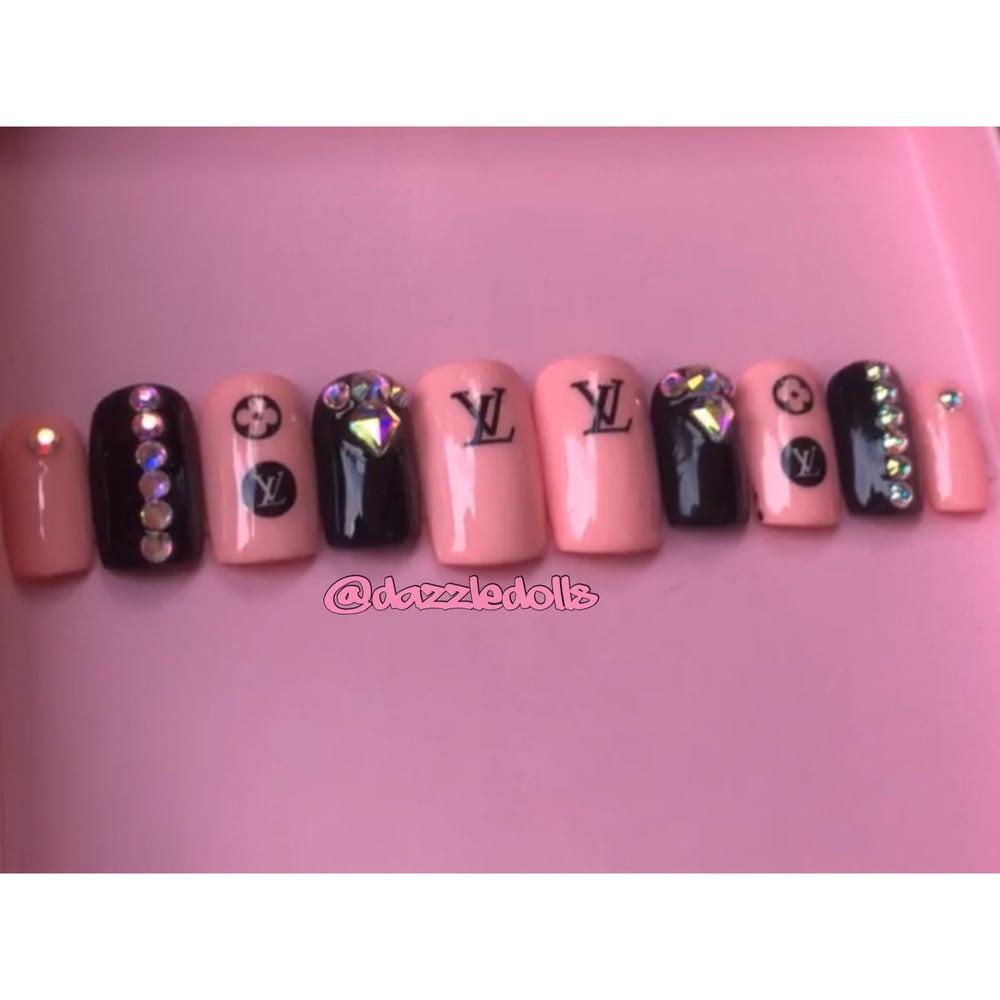 Image of Pink&Black LV inspired short, square shaped set