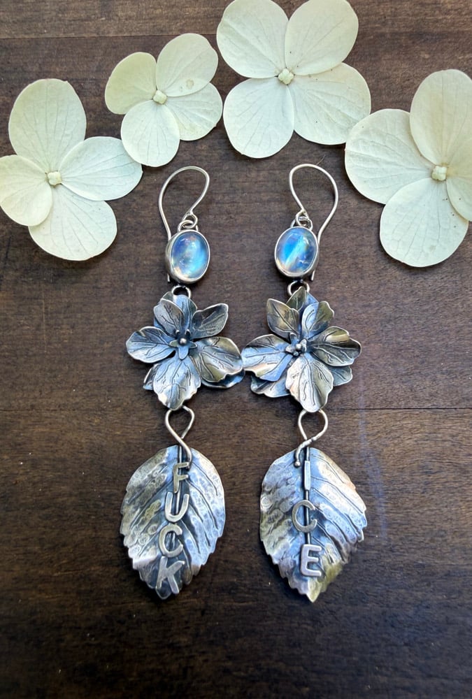 Image of Stargazer Hydrangea Flower "FUCK ICE" Rainbow Moonstone Earrings