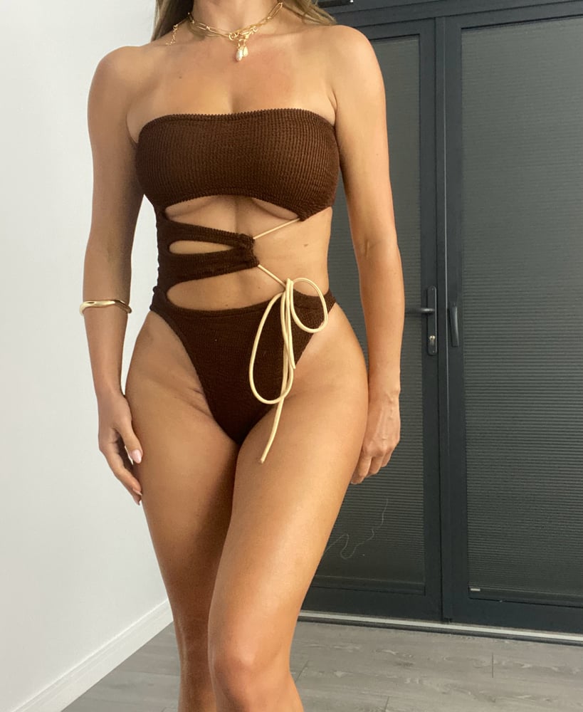 Image of Strapless Drawstring Cut Outs Onepiece In Chocolate Brown & Nude