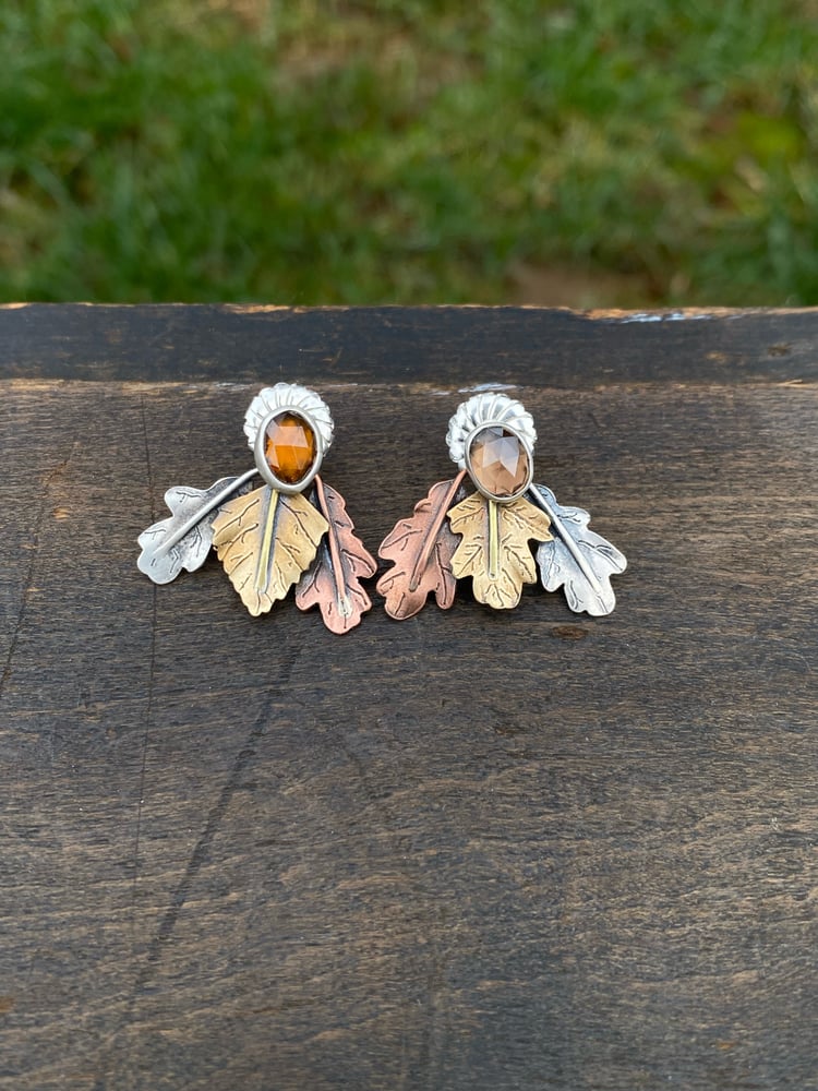 Image of Mixed Leaf Mixed Metal Mismatch Color Zircon Jacket Earrings