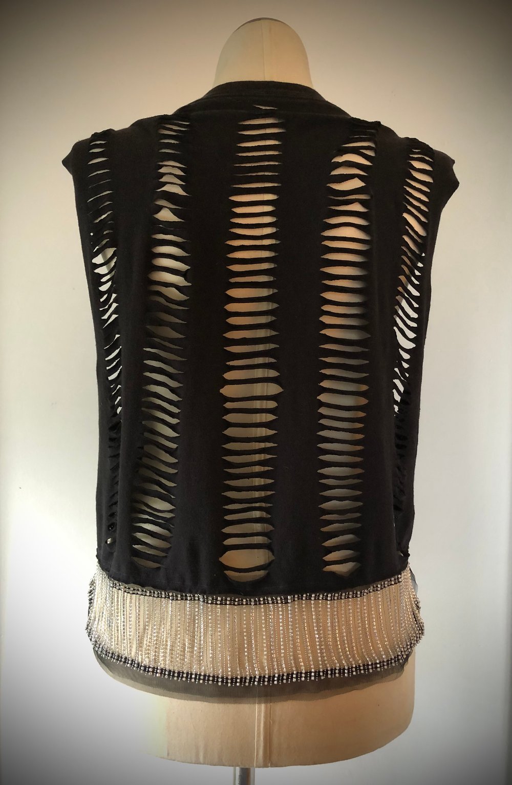 Upcycled “Heavy Metal Made Me Do It” rhinestone fringe tee