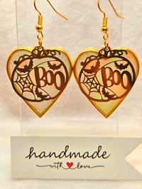 Image 5 of Handcrafted Resin Glow In The Dark Heart Shaped Pumkin " Boo" Earrings 