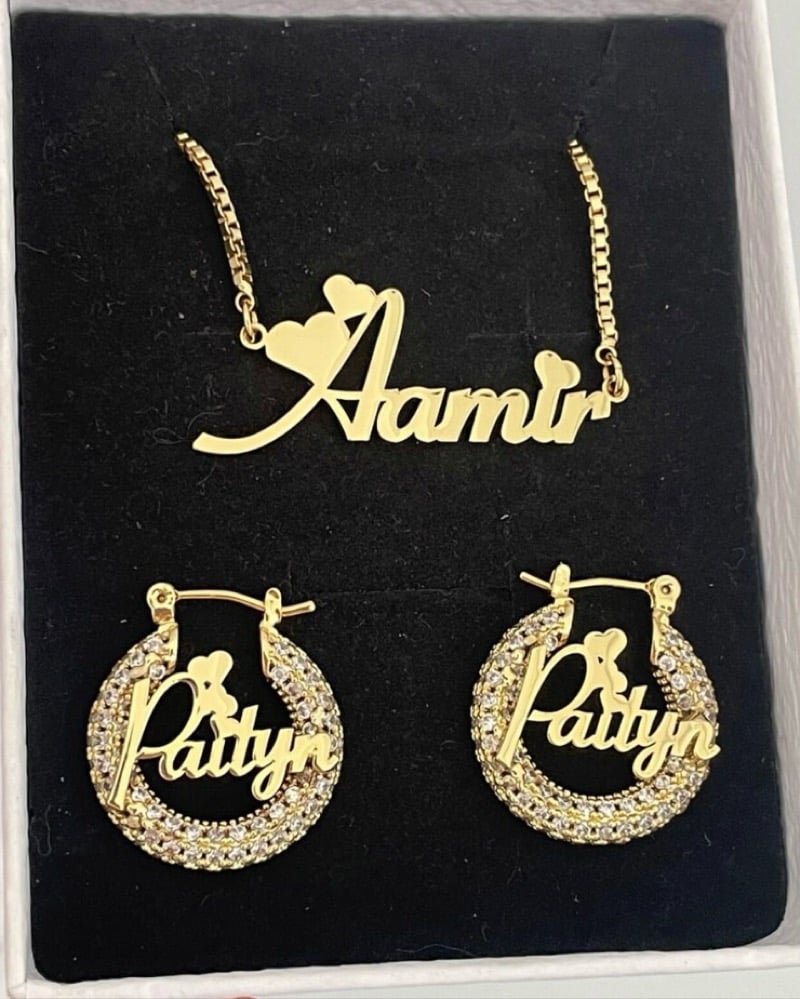 Blinged earrings & nameplate necklace set 