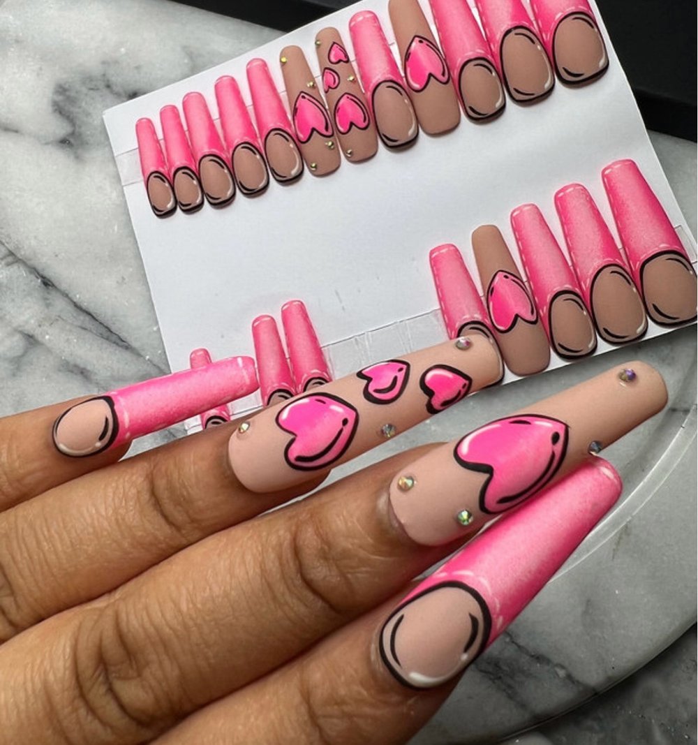 Image of 20 piece Pop art pink nails choose long stiletto or 2xl square shape press on nail below