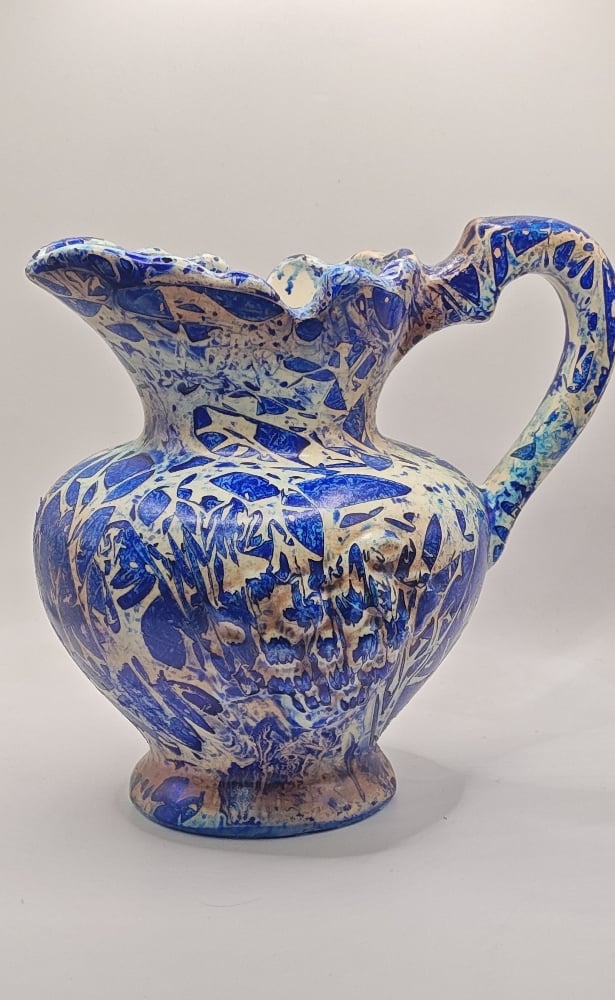 Image of Upcycled Ceramic Pitcher – Hand-Painted Blue & Cream Abstract Art Vase