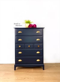 Image 1 of Stag Minstrel Chest Of Drawers / Tallboy painted in navy blue with gold cup handles 