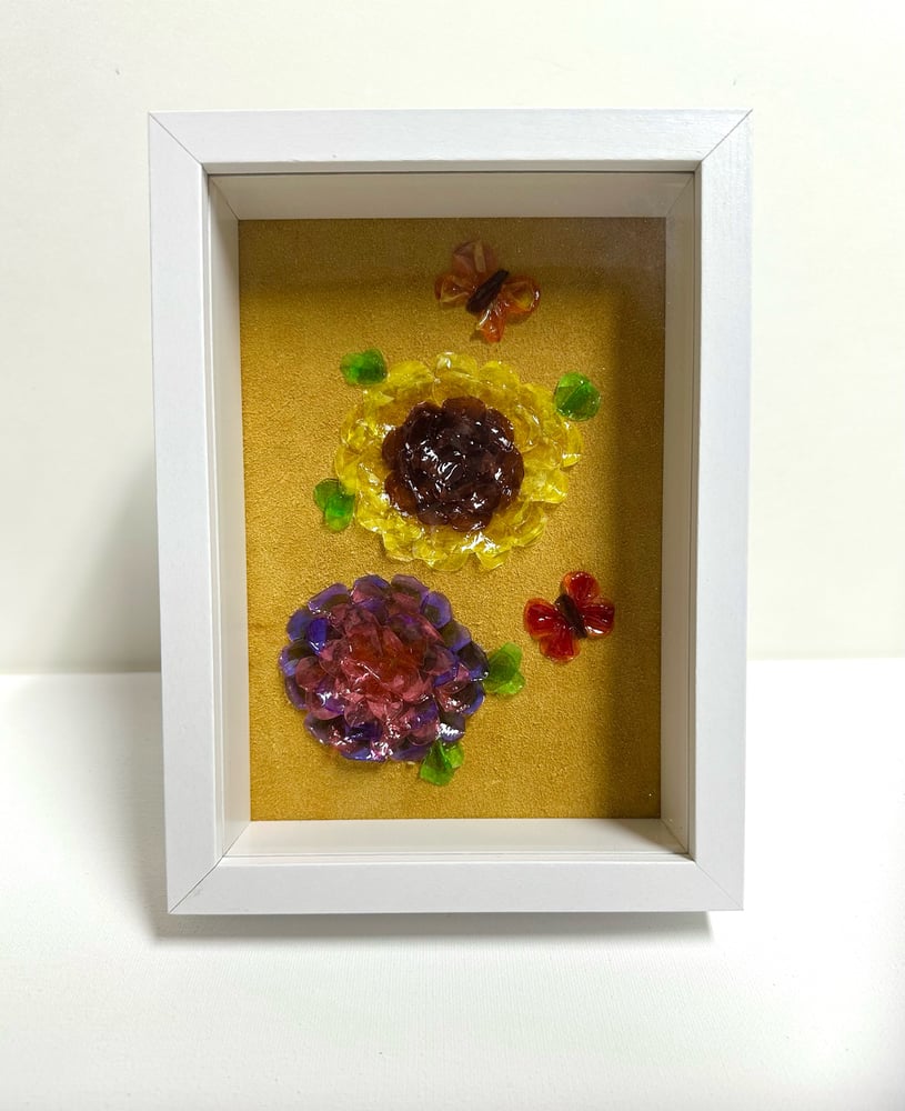 Image of Framed Fish Scale Art - Bright florals & butterflies