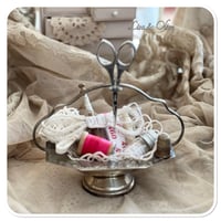 Image 1 of vintage style silver sugar bowl with scissors and thimble and buttons