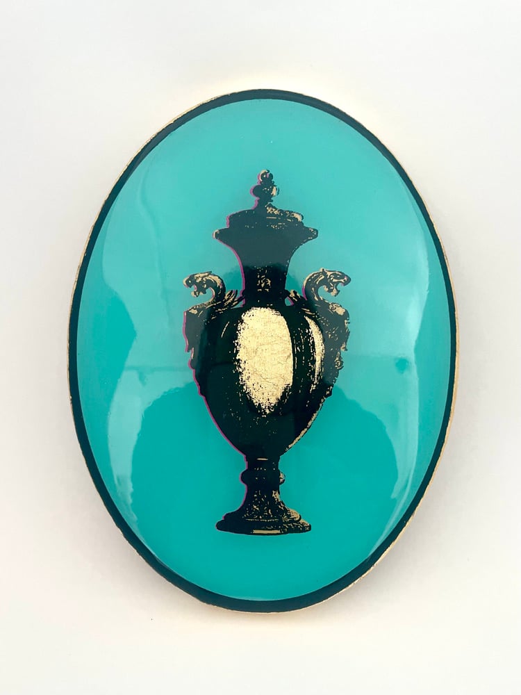 Image of Urn Oval Aqua/Black/Gold leaf 20cm