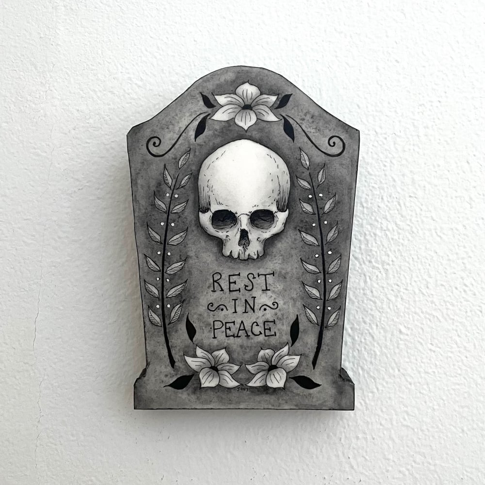Skull Headstone Original Ink And Watercolor On Panel