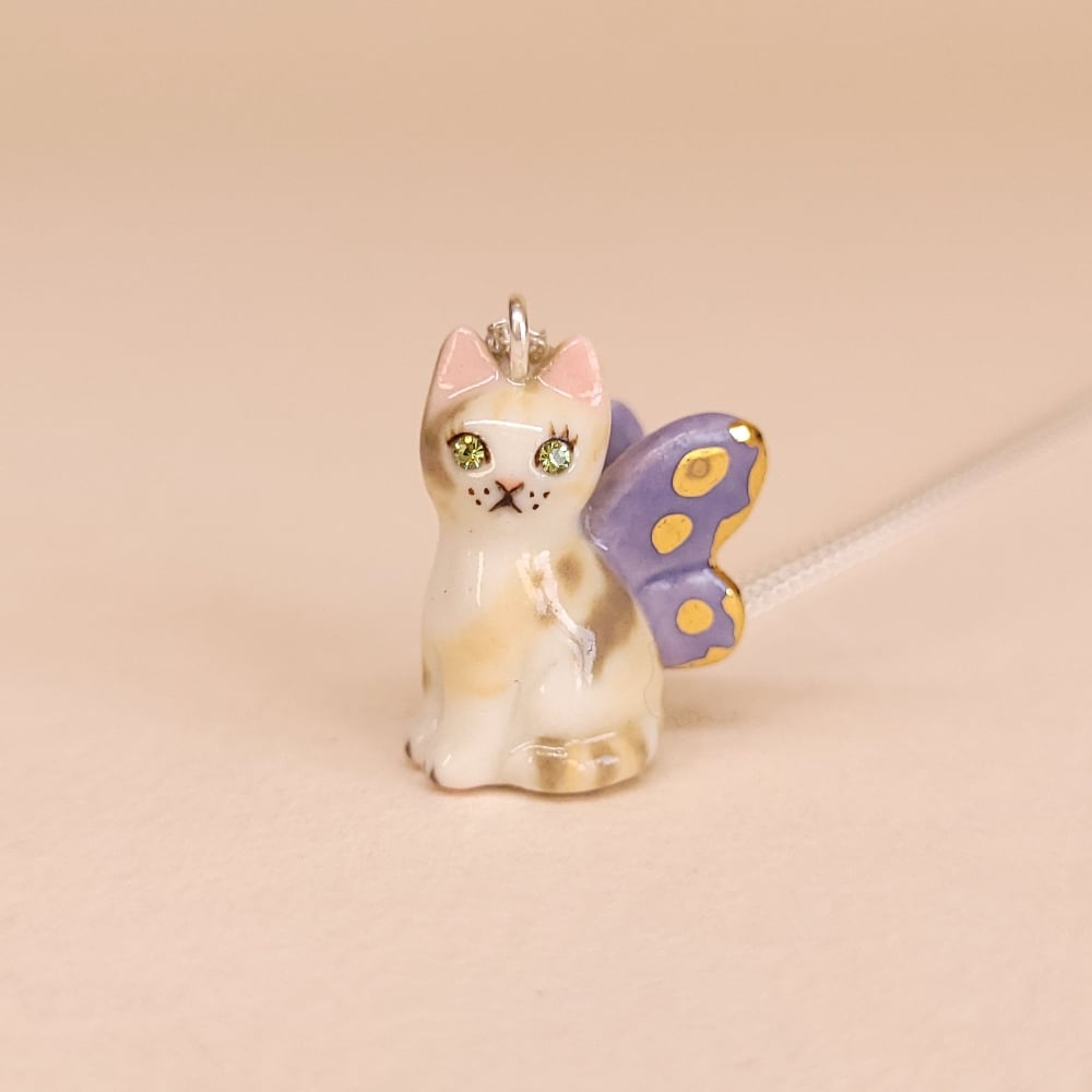Image of Dilute Calico Porcelain & Sterling Silver Sitting Fairy Pendant