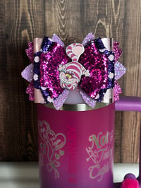 Image 2 of Cheshire Cat Tumbler Straw Topper Bow | Wonderland Cup Accessory