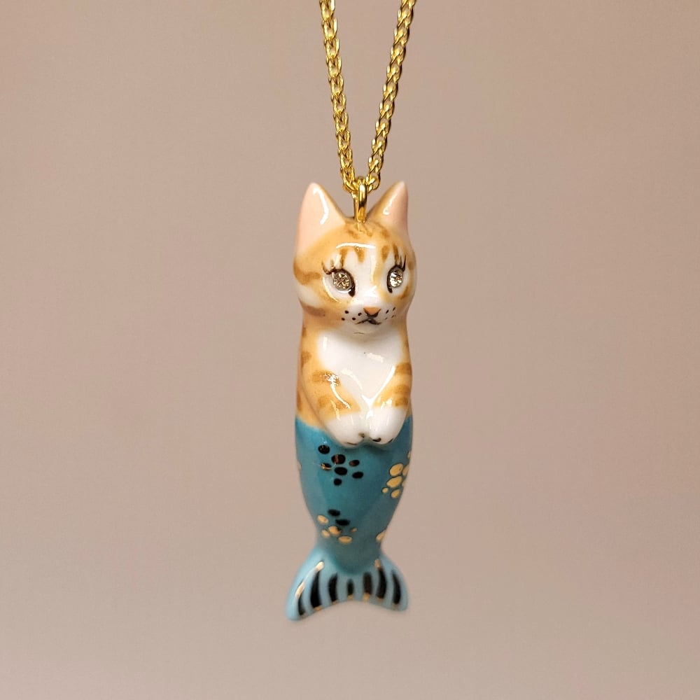 Image of Ginger Tabby Purrmaid Porcelain & Gold Vermeil Pendant