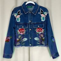 Image 5 of SIGNATURE8 floral and butterfly patch crop denim blue jean jacket