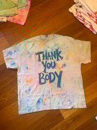Image 2 of Green and blue multicolour  tie dye t shirt with teal text (2XL)