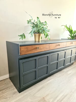 Image of Custom Order: Gorgeous Nathan Square Sideboard in Olive Green with Brushed Steel fittings 