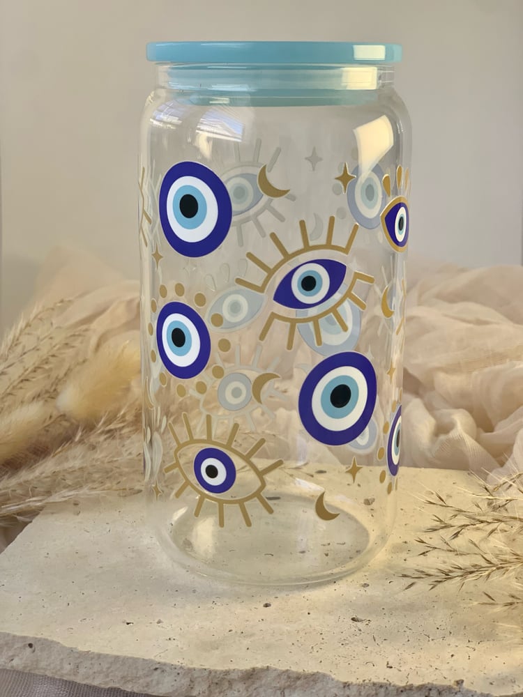 Image of Glass Can Cup Evil Eye Blue 