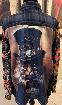 Image 1 of Vintage Funky Black Flannel Shirt Floral Sleeves Steampunk Cat