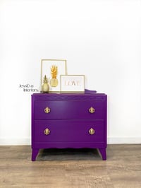 Image 1 of Vintage Harris Lebus CHEST OF DRAWERS painted in bright purple with glass top