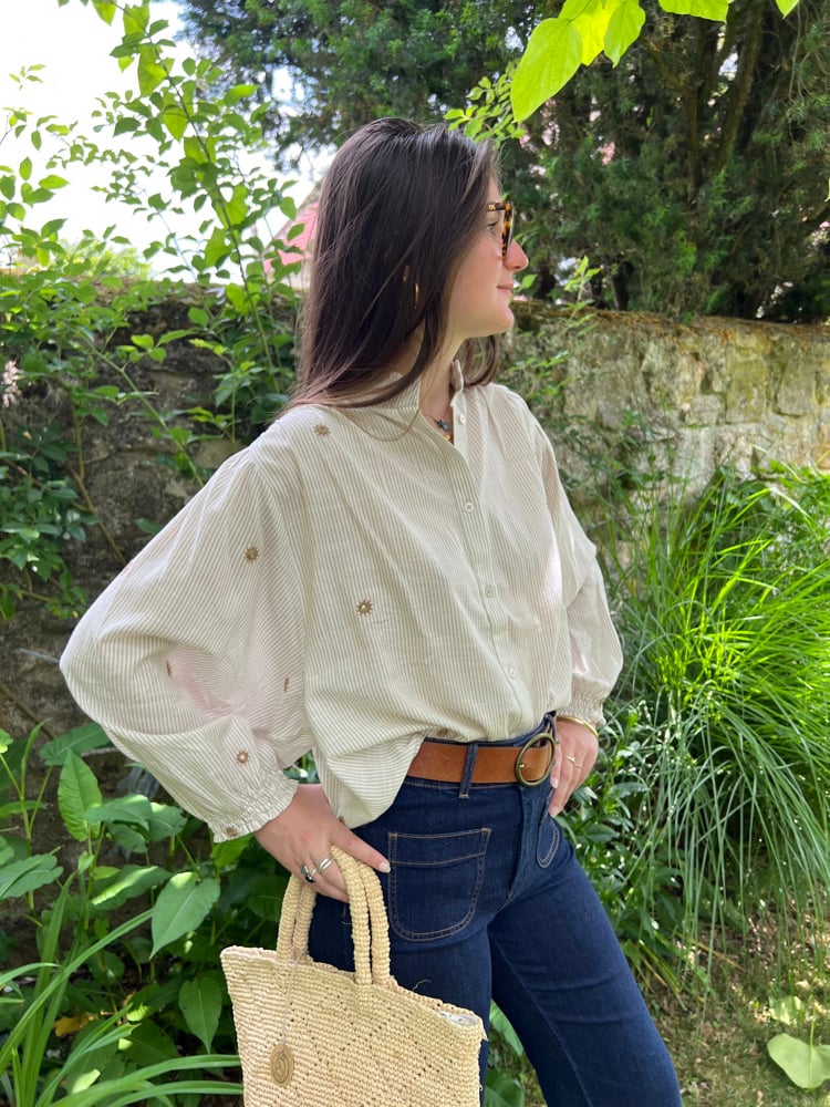 Image of Blouse Bohème rayé Beige & Blanc / Brodé T.U.