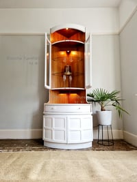 Image 4 of Tall, Mid Century, Curved Corner Drinks Cabinet with light in White - by Nathan