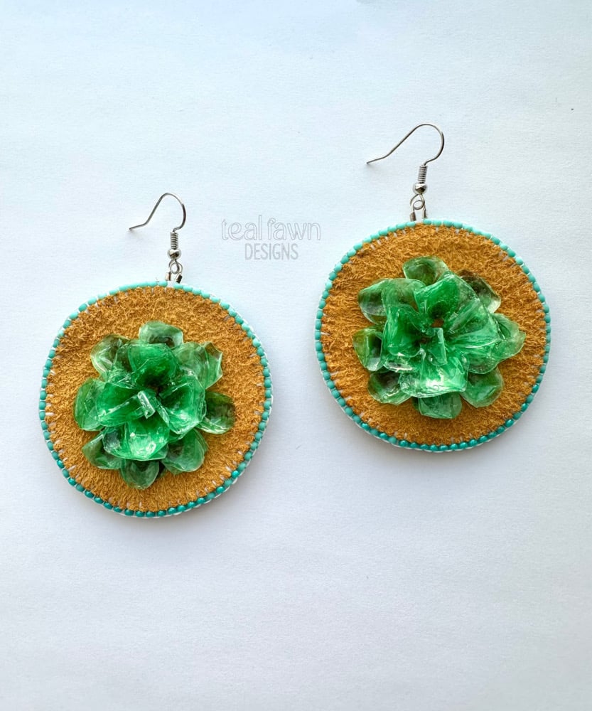 Image of Large Round Teal Fish Scale Earrings
