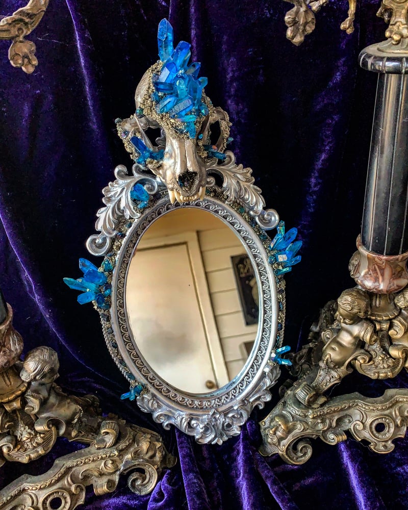 Image of Blue Aura Quartz & Chalcopyrite- Bobcat Skull Mirror 