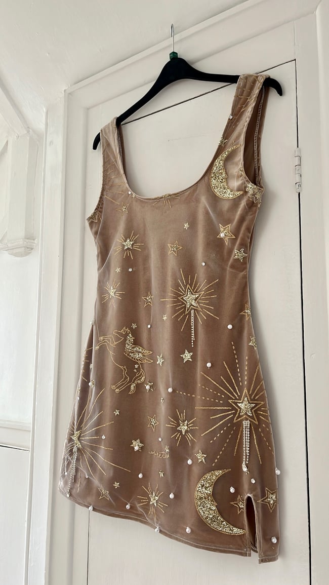 Sparkly horse, star, sun and moon sequin details tulle and champagne velvet dress