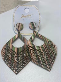 Image 1 of Fabric Wood Earring’s green/ cream mix