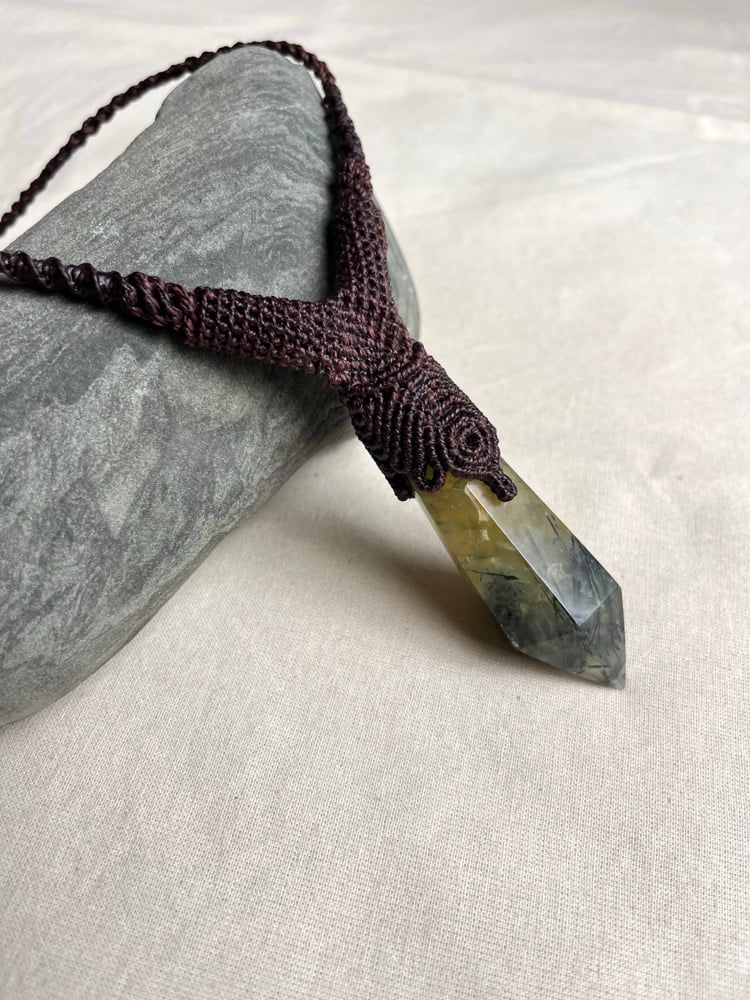 Image of Macrame necklace with tourmalated prehnite 