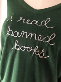 Image 1 of Upcycled “I read banned books” hand-embroidered, men’s better sweater