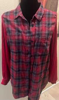 Image 2 of Vintage Funky Red/Black/Gray Flannel Shirt Velvet Sleeves Wild West Cowgirl