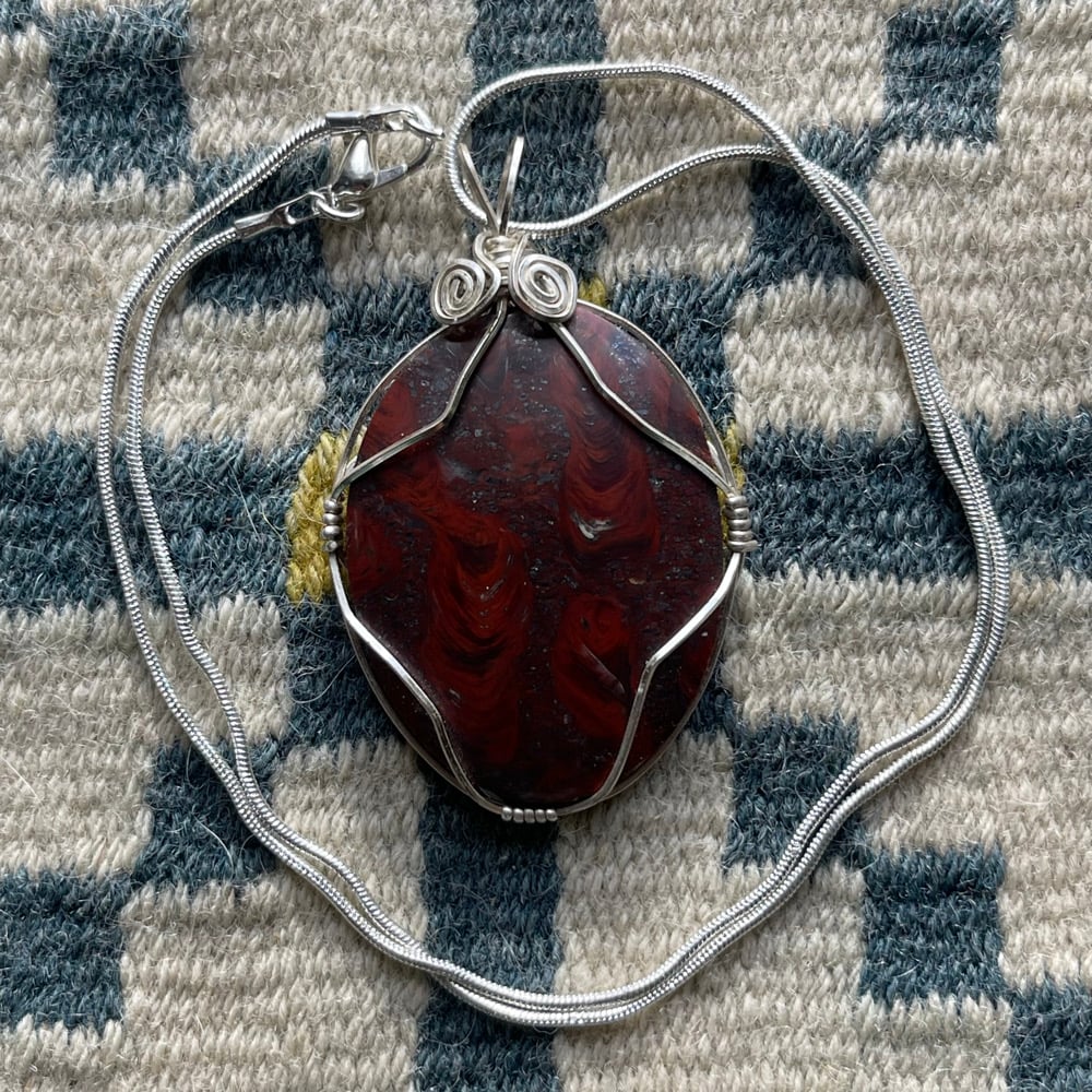 Mary Ellen Jasper and Hematite Stromatolite Cabochon Pendant On Necklace
