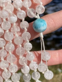 Image 3 of Included Crystal Quartz Mala with Larimar Guru Bead, Crystal Quartz 108 Bead Japa Mala Hand Knotted 