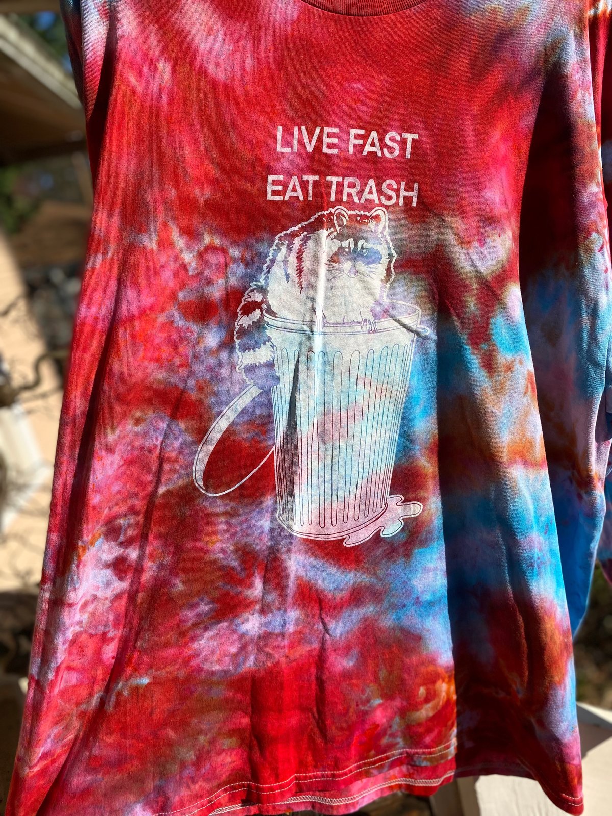 Image of 2XL Live Fast Eat Trash Raccoon Long Sleeve Tie Dye Shirt 