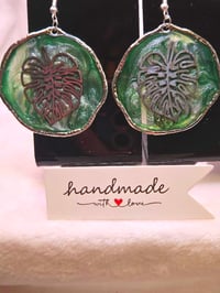 Image 1 of Handcrafted Resin Circular Monstera Leaf Earrings 