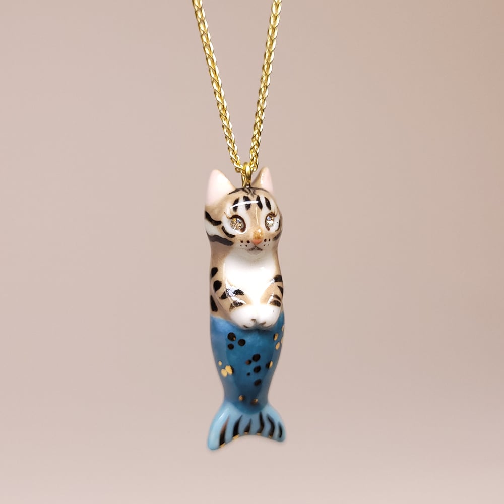 Image of Brown Tabby Purrmaid Porcelain & Gold Vermeil Pendant