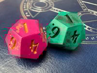 Image 4 of Hope and Fear Dice | Handmade Pair of D12 Dice Magenta and Green