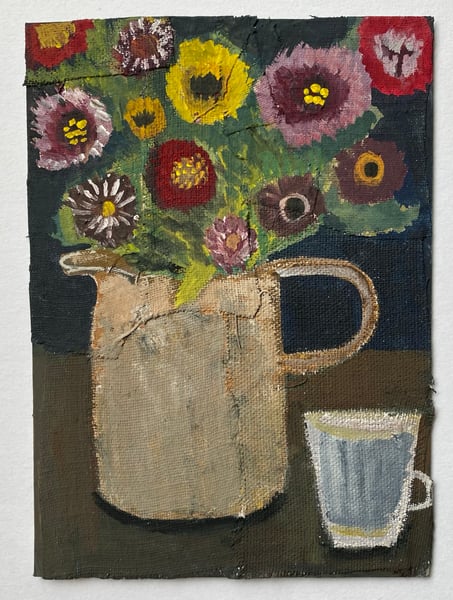 Image of Summer flowers in a rustic jug - small painting 