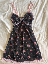 Image 7 of Vintage Y2K black floral mini dress with baby pink ruffle and under bust detail 